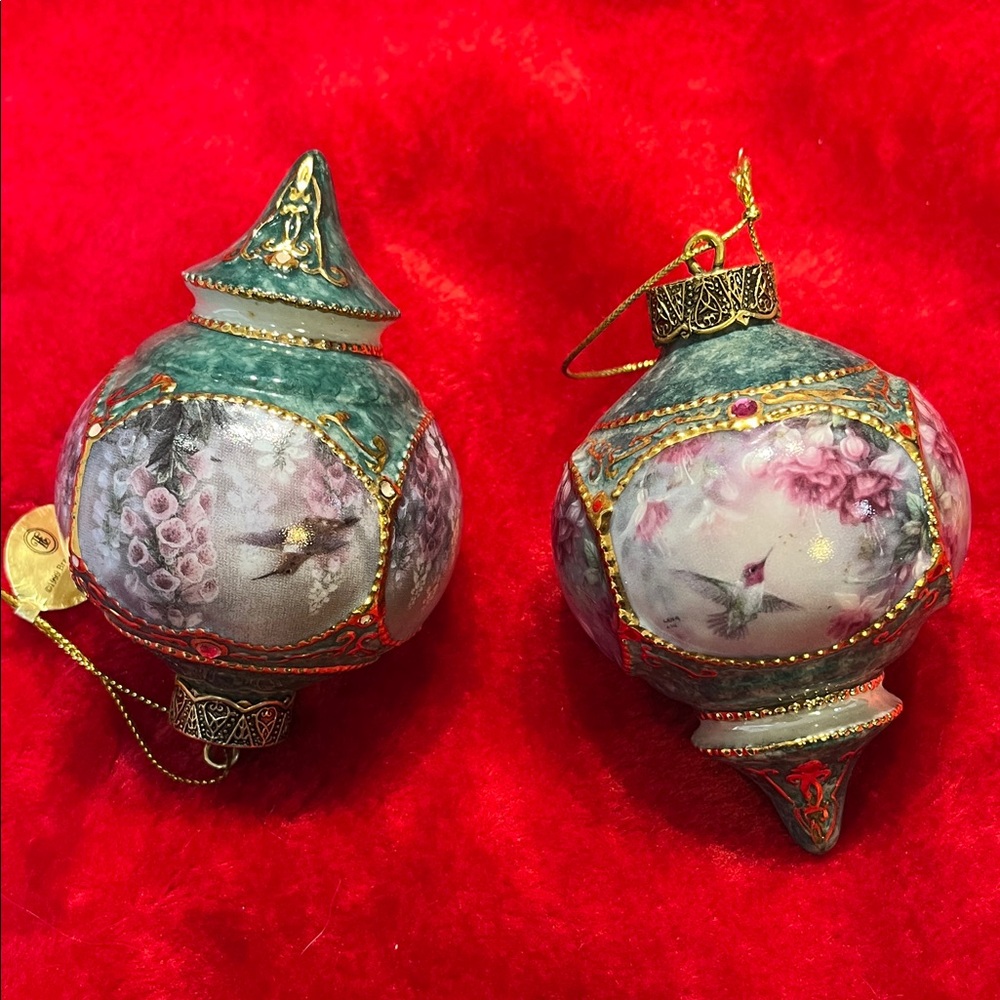 1999 Bradford Edition Hummingbird Floral Holiday Ornaments in Green and Gold